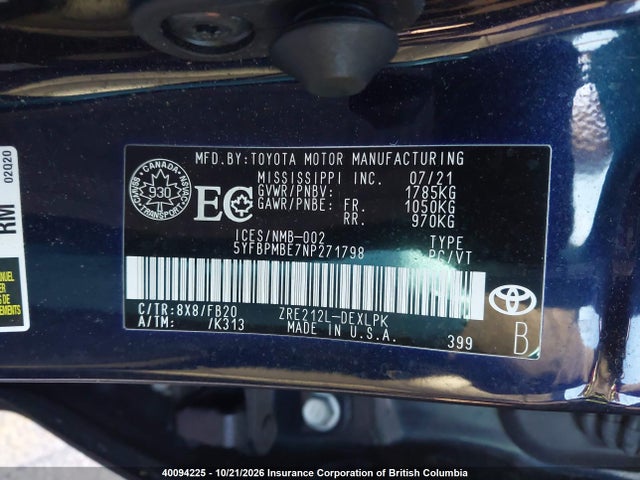 Aukcja sprzedaży 2022 Toyota Corolla Le/xle, vin: 5YFBPMBE7NP271798, numer aukcji: 40094225