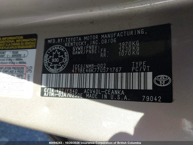 40094243 :رقم المزاد ، 4T1BE46K77U571767 vin ، 2007 Toyota Camry مزاد بيع