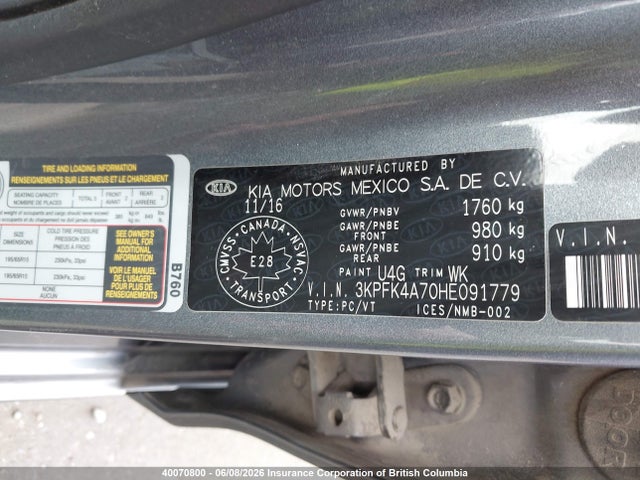 40070800 :رقم المزاد ، 3KPFK4A70HE091779 vin ، 2017 Kia Forte Lx مزاد بيع