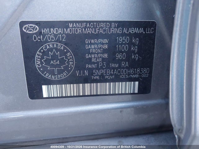 Продажа на аукционе авто 2013 Hyundai Sonata Gl, vin: 5NPEB4AC0DH618380, номер лота: 40094309