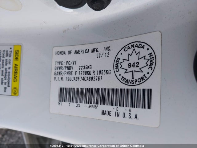 40094312 :رقم المزاد ، 19UUA9F74CA802767 vin ، 2012 Acura Tl مزاد بيع