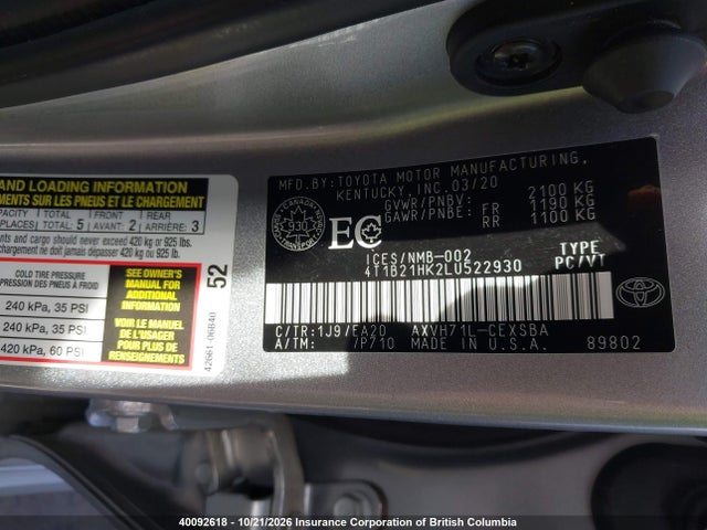 4T1B21HK2LU522930 Toyota Camry Xle/se