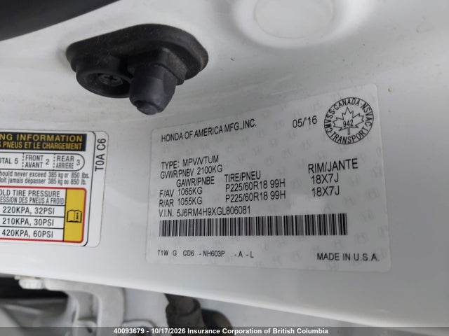 Honda Cr-v Touring 2016 5J6RM4H9XGL806081 Image 9