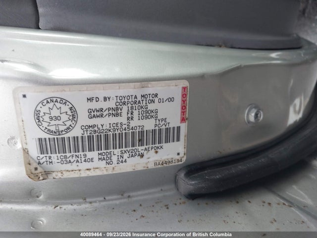 Продажа на аукционе авто 2000 Toyota Camry Ce/le/xle, vin: JT2BG22K9Y0454072, номер лота: 40089464