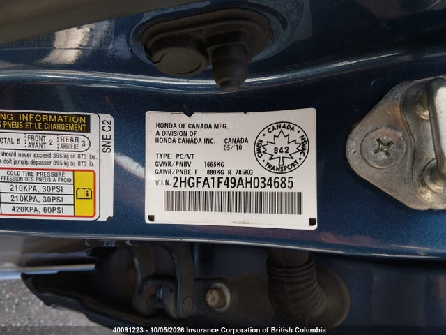 Продаж на аукціоні авто 2010 Honda Civic Dx-g, vin: 2HGFA1F49AH034685, номер лоту: 40091223