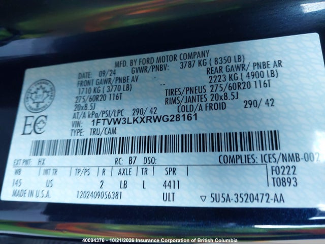 40094376 :رقم المزاد ، 1FTVW3LKXRWG28161 vin ، 2024 Ford F150 مزاد بيع