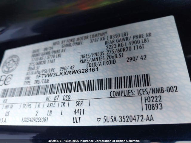 40094376 :رقم المزاد ، 1FTVW3LKXRWG28161 vin ، 2024 Ford F150 مزاد بيع
