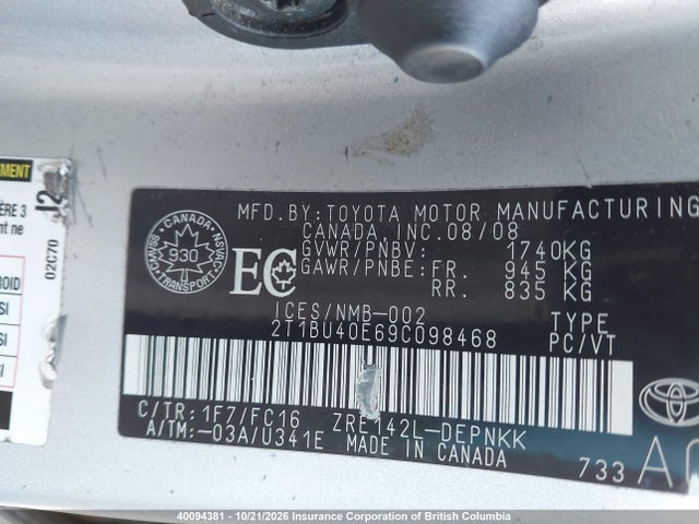 Продажа на аукционе авто 2009 Toyota Corolla S/le/xle, vin: 2T1BU40E69C098468, номер лота: 40094381
