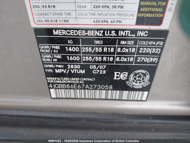 40091222 :رقم المزاد ، 4JGBB86E67A273058 vin ، 2007 Mercedes-benz Ml 350 مزاد بيع