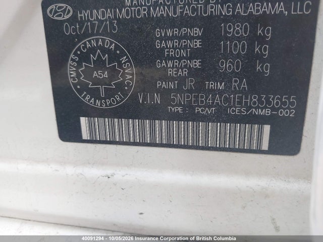 Aukcja sprzedaży 2014 Hyundai Sonata Gls, vin: 5NPEB4AC1EH833655, numer aukcji: 40091294
