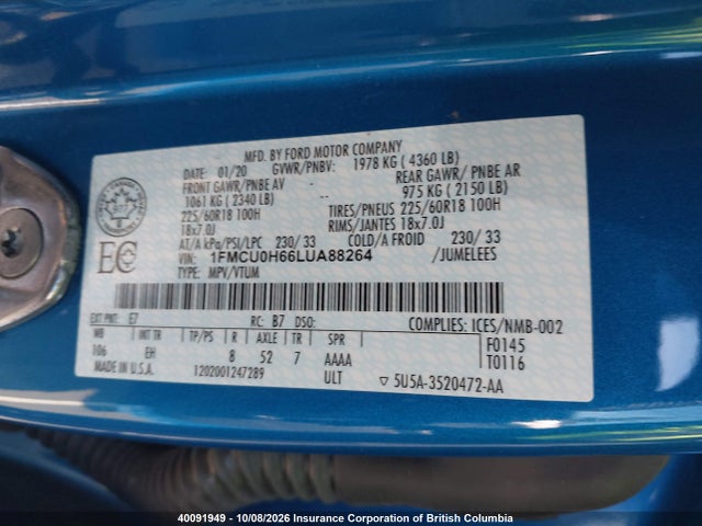 1FMCU0H66LUA88264 Ford ESCAPE SEL