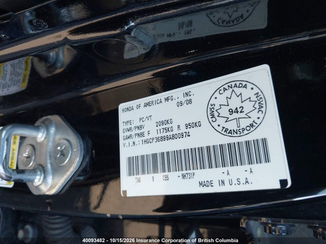 Aukcja sprzedaży 2009 Honda Accord Exl, vin: 1HGCP36899A800974, numer aukcji: 40093482