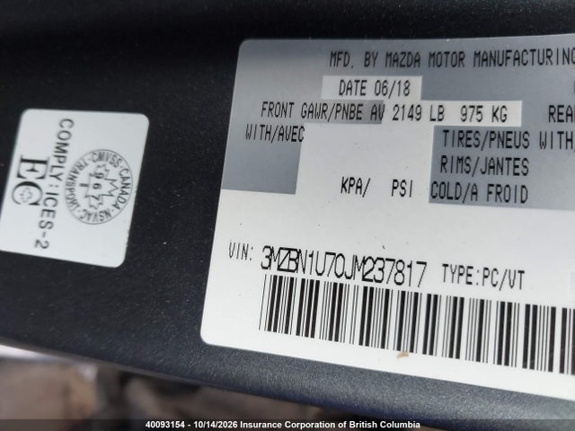 40093154 :رقم المزاد ، 3MZBN1U70JM237817 vin ، 2018 Mazda 3 Sport مزاد بيع