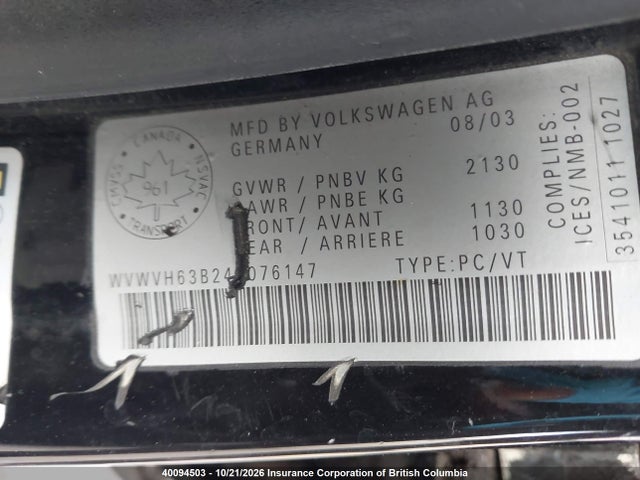 Aukcja sprzedaży 2004 Volkswagen Passat Gls V6, vin: WVWVH63B24E076147, numer aukcji: 40094503
