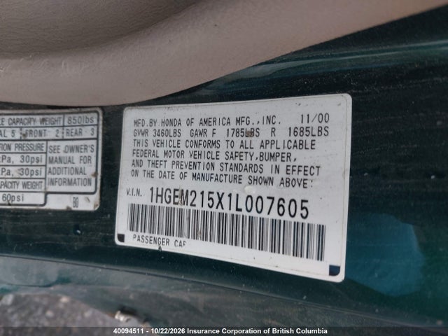 Продаж на аукціоні авто 2001 Honda Civic, vin: 1HGEM215X1L007605, номер лоту: 40094511