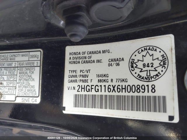 Aukcja sprzedaży 2006 Honda Civic Lx, vin: 2HGFG116X6H008918, numer aukcji: 40091129