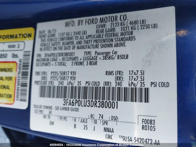 40094554 :رقم المزاد ، 3FA6P0LU3DR380001 vin ، 2013 Ford Fusion Hybrid Se مزاد بيع