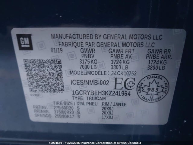 40094559 :رقم المزاد ، 1GCRYBEH3KZ241964 vin ، 2019 Chevrolet Silverado 1500 Custom مزاد بيع