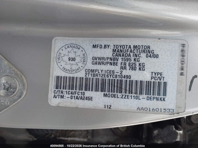 Aukcja sprzedaży 2000 Toyota Corolla Ve/ce/le, vin: 2T1BR12E6YC810490, numer aukcji: 40094568