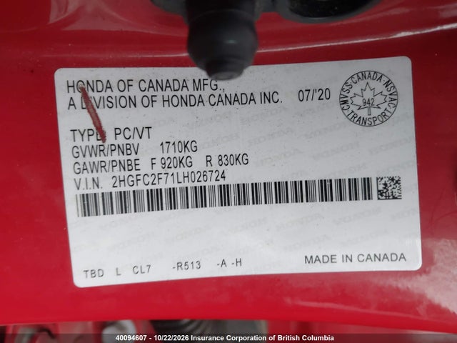 Auction sale of the 2020 Honda Civic, vin: 2HGFC2F71LH026724, lot number: 40094607