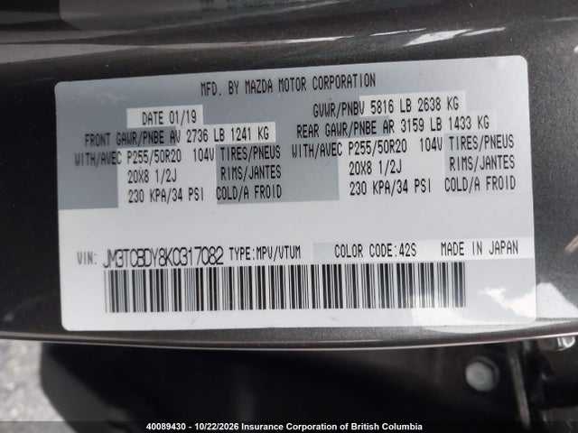 40089430 :رقم المزاد ، JM3TCBDY8K0317082 vin ، 2019 Mazda Cx-9 Grand Touring مزاد بيع