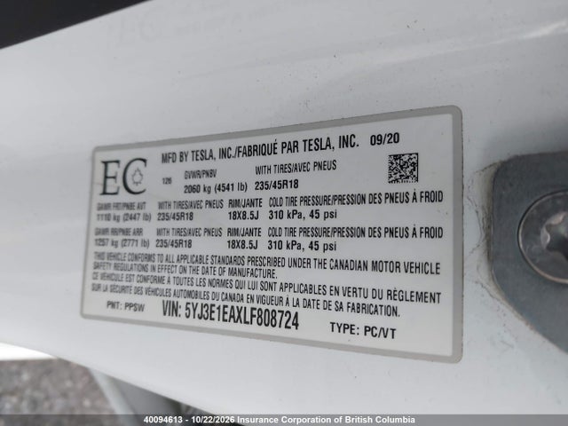 Tesla MODEL 3 2020 5YJ3E1EAXLF808724 Image 9