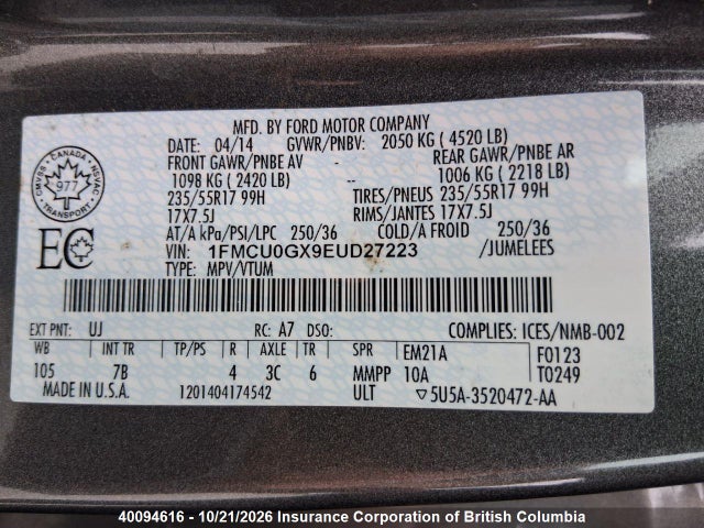 Продаж на аукціоні авто 2014 Ford Escape Se, vin: 1FMCU0GX9EUD27223, номер лоту: 40094616