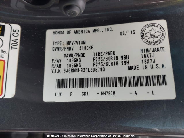 Honda CR-V 2015 5J6RM4H93FL805790 Image 9