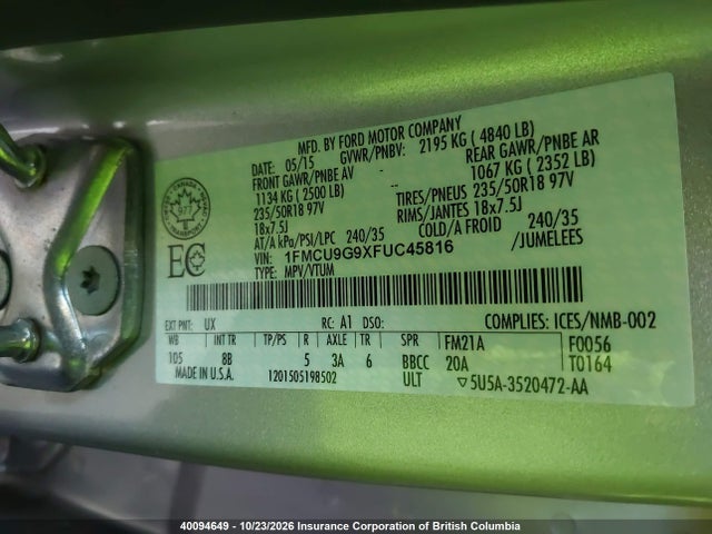 Ford ESCAPE SE 2015 1FMCU9G9XFUC45816 Image 9