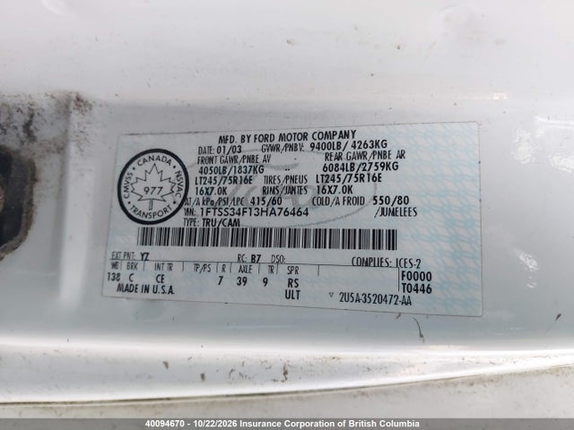 Aukcja sprzedaży 2003 Ford E350, vin: 1FTSS34F13HA76464, numer aukcji: 40094670