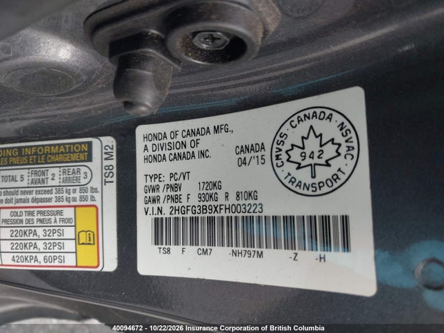 Honda Civic 2015 2HGFG3B9XFH003223 Image 9