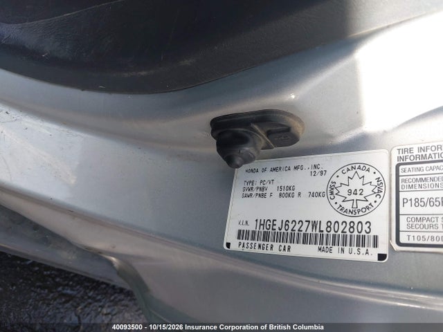 40093500 :رقم المزاد ، 1HGEJ6227WL802803 vin ، 1998 Honda Civic Dx مزاد بيع