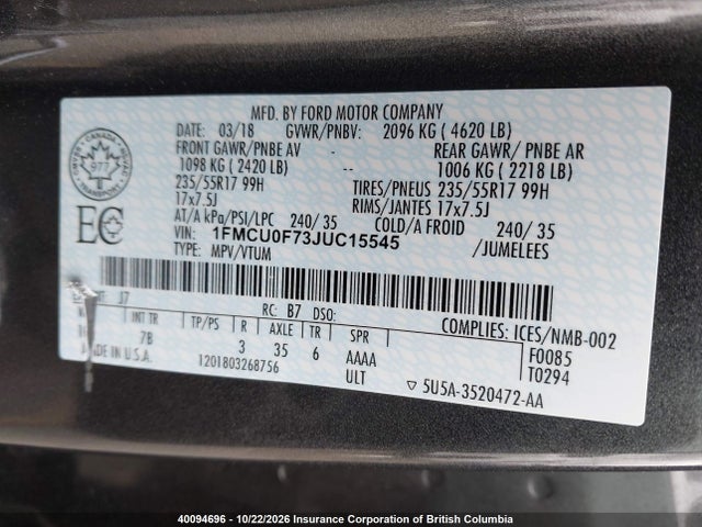 Продаж на аукціоні авто 2018 Ford Escape S, vin: 1FMCU0F73JUC15545, номер лоту: 40094696
