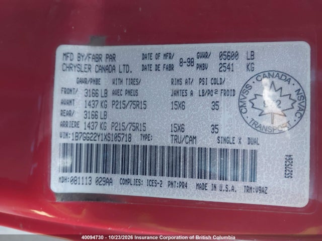 40094730 :رقم المزاد ، 1B7GG22Y1XS105718 vin ، 1999 Dodge Dakota مزاد بيع