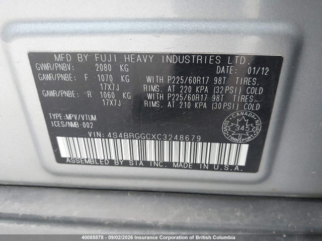 Продажа на аукционе авто 2012 Subaru Outback 2.5i Premium, vin: 4S4BRGGCXC3248679, номер лота: 40085878
