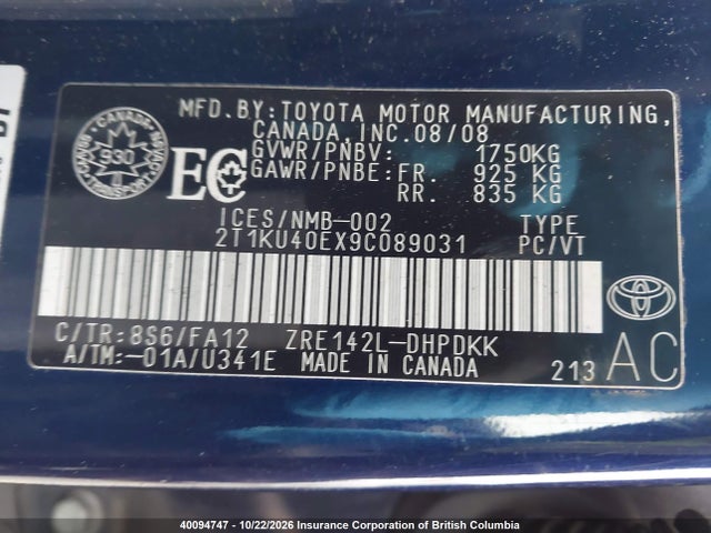 40094747 :رقم المزاد ، 2T1KU40EX9C089031 vin ، 2009 Toyota Corolla Matrix مزاد بيع