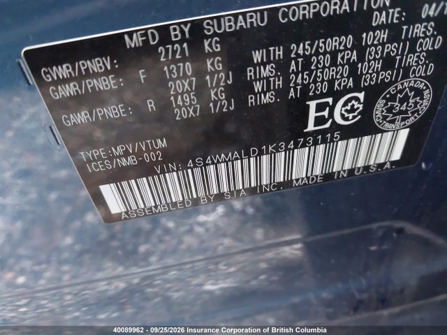 Subaru Ascent Limited 2019 4S4WMALD1K3473115 Image 9