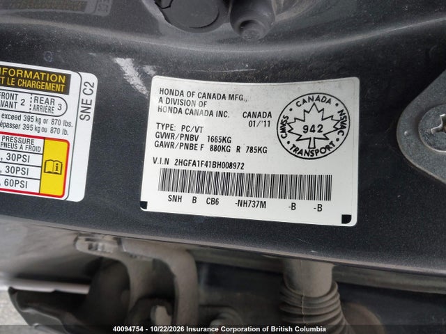 Aukcja sprzedaży 2011 Honda Civic, vin: 2HGFA1F41BH008972, numer aukcji: 40094754