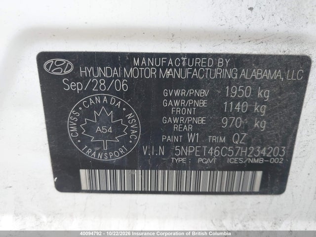 40094792 :رقم المزاد ، 5NPET46C57H234203 vin ، 2007 Hyundai Sonata Gls مزاد بيع
