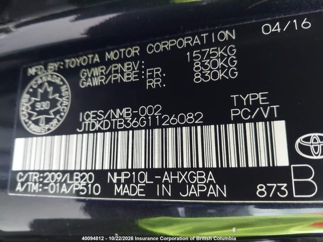 Aukcja sprzedaży 2016 Toyota Prius, vin: JTDKDTB36G1126082, numer aukcji: 40094812
