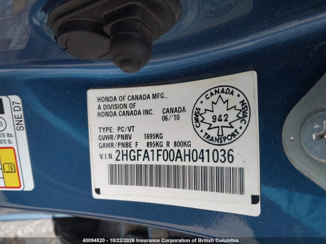40094820 :رقم المزاد ، 2HGFA1F00AH041036 vin ، 2010 Honda Civic مزاد بيع