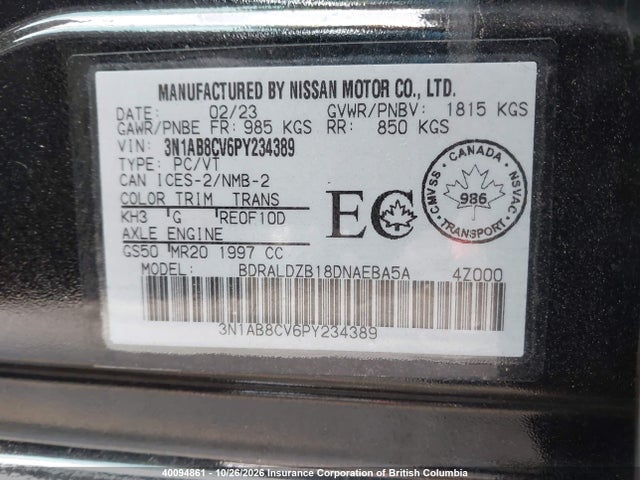 3N1AB8CV6PY234389 Nissan SENTRA SV