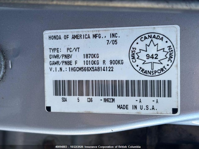 Aukcja sprzedaży 2005 Honda Accord Ex-l, vin: 1HGCM566X5A814122, numer aukcji: 40094883