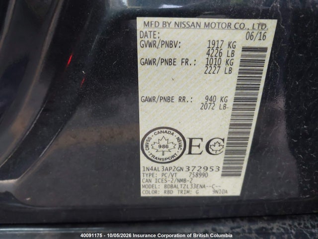 2016 Nissan Altima 2.5/s/sv/sl/sr მანქანა იყიდება აუქციონზე, vin: 1N4AL3AP2GN372953, აუქციონის ნომერი: 40091175