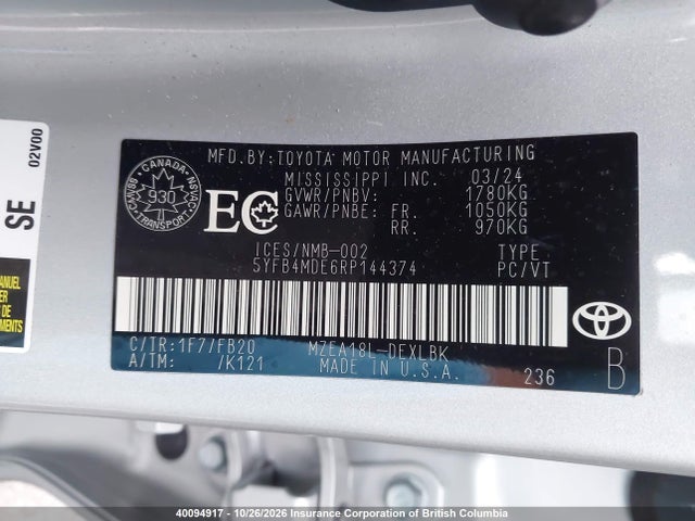 5YFB4MDE6RP144374 Toyota COROLLA LE