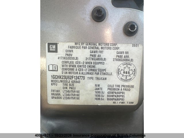 Aukcja sprzedaży 2002 Chevrolet Silverado K2500 Heavy Duty, vin: 1GCHK23U62F124779, numer aukcji: 40094921