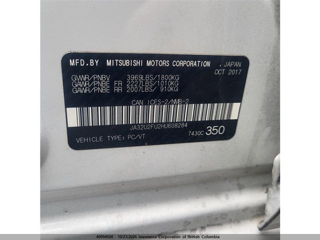 40094928 :رقم المزاد ، JA32U2FU2HU608284 vin ، 2017 Mitsubishi Lancer Es/se Anniversary Edition/se Black Edition/se Ltd مزاد بيع