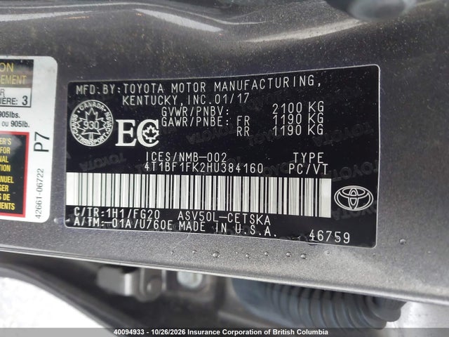 Toyota Camry 2017 4T1BF1FK2HU384160 Image 9