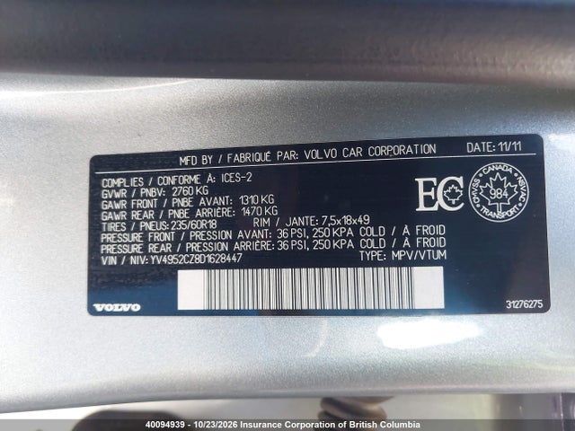 40094939 :رقم المزاد ، YV4952CZ8D1628447 vin ، 2013 Volvo Xc90 مزاد بيع