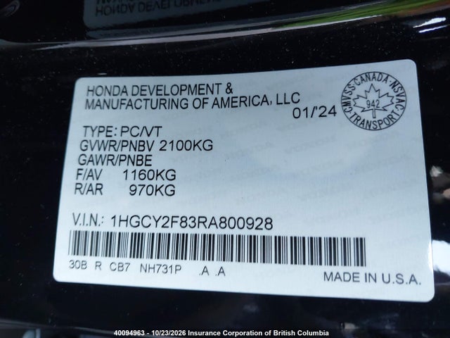 Продаж на аукціоні авто 2024 Honda Accord Touring Hybrid, vin: 1HGCY2F83RA800928, номер лоту: 40094963
